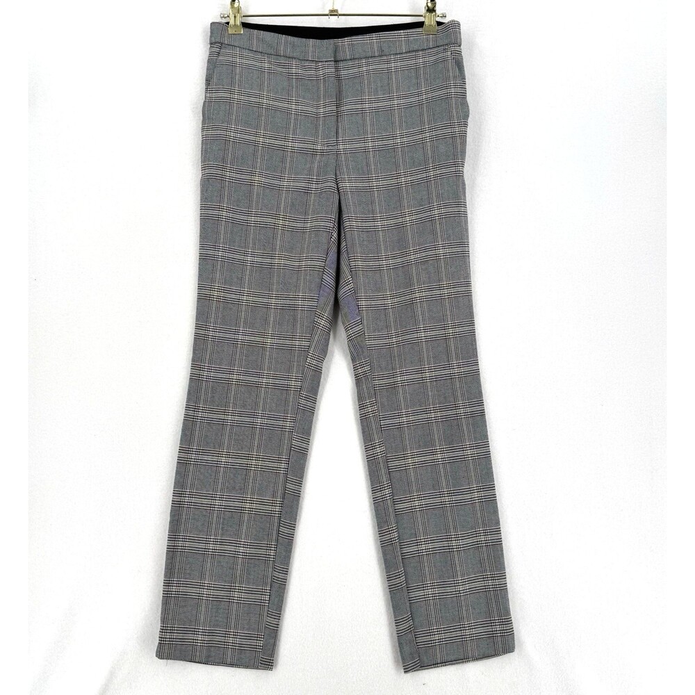 Zara Plaid Trousers Women L Gray Black Burgundy Straight Leg Elastic Waist Zara